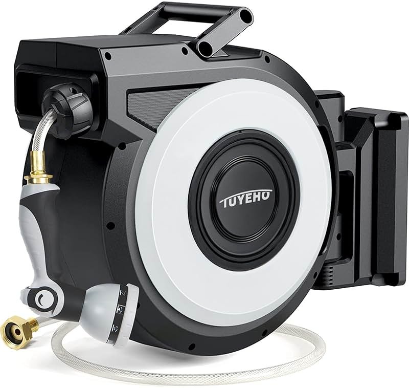 Tuyeho Retractable Garden Hose Reel 100FT, Wall Mount Heavy Duty Water Hose Reels with Automatic Slow Rewind System, Outdoor Hoses Reel with 2 Hose Nozzles for Garden Watering, Car Wash, Pet Shower - Product Image