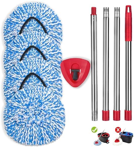 4 Pack Spin Mop Replacement Heads Compatible for O Ceda EasyWring 1-Tank Triangle System, Microfiber Mop Refills for 5.9inch Core,Deep Cleaning, Included Base and Handle - Product Image