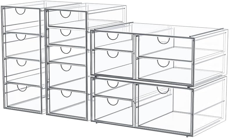 caktraie Makeup Organizer Storage With 16 Drawers, 4 Pcs Desktop Office Supplies, Desk Organizers, Clear Accessories, Dustproof Storage Drawer and for Make Up, Jewelry, Pen, Stationary - Product Image