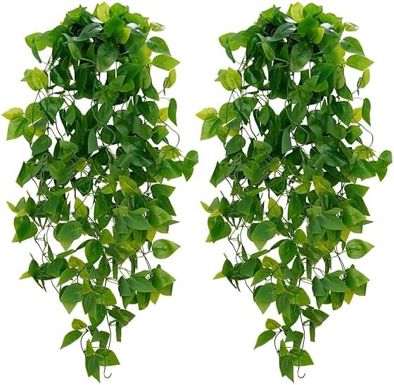 BLEUM CADE Fake Hanging Plants, 2pcs Artificial Hanging Plant, Faux Pothos Vines Greenery for Wall Home Living Room Office Indoor Outdoor Decor (No Baskets) - Product Image