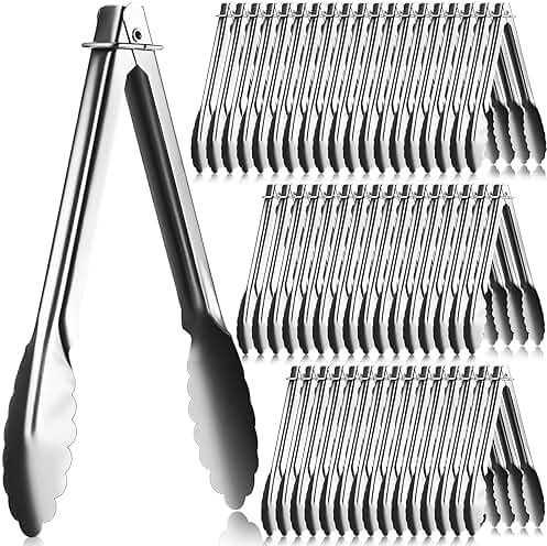 Seewey Set of 50 Stainless Steel Serving Tongs 7 Inch Cooking Clamps with Sliding Rings Small Clam Shell Metal Non Slip Food Tongs for Kitchen Salad Buffet Grill Barbecue Appetizers, Silver - Product Image