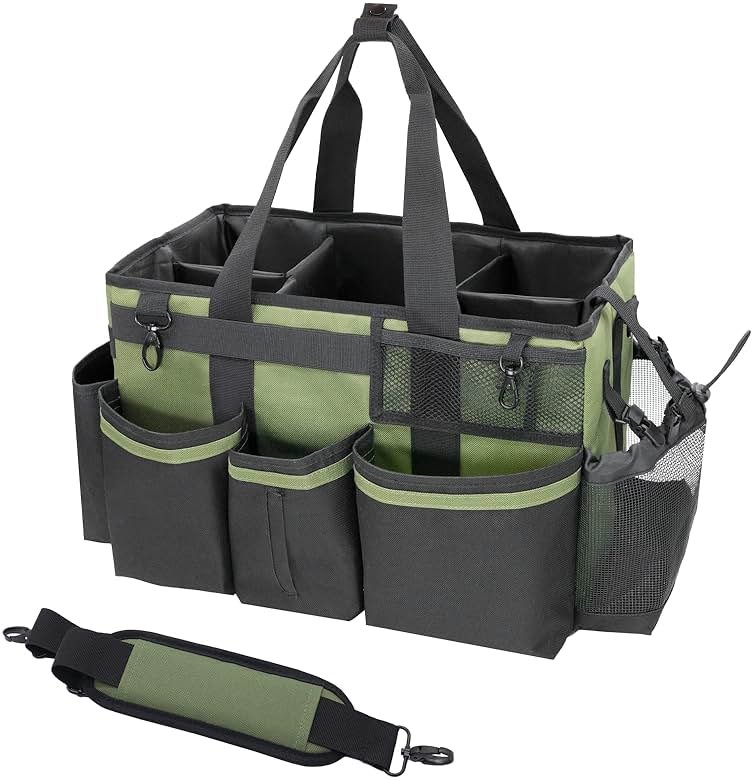 SCAVATA Wearable Cleaning Caddy Organizer with Handle & Shoulder Straps for Housekeepers, Under Sink & Car Cleaning Tool Organizer Bag with 4 Foldable Dividers (Green) - Product Image