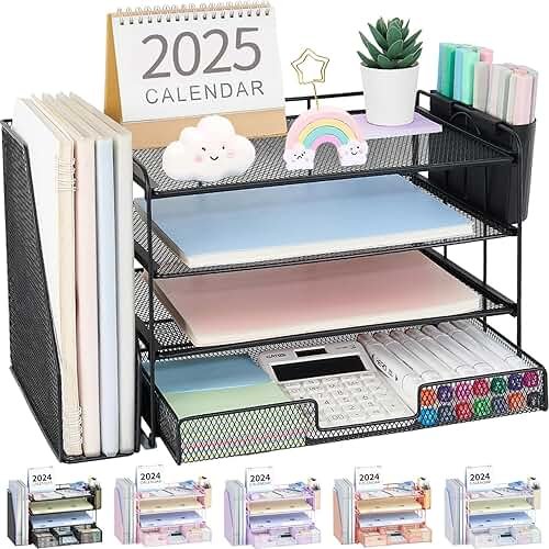OPNICE Desk Organizer, 4-Tier Desktop File Organizer with Drawer and 2 Pen Holders, Office Desk Accessories, File Sorters, Workspace Organizers for Office Supplies(Black) - Product Image