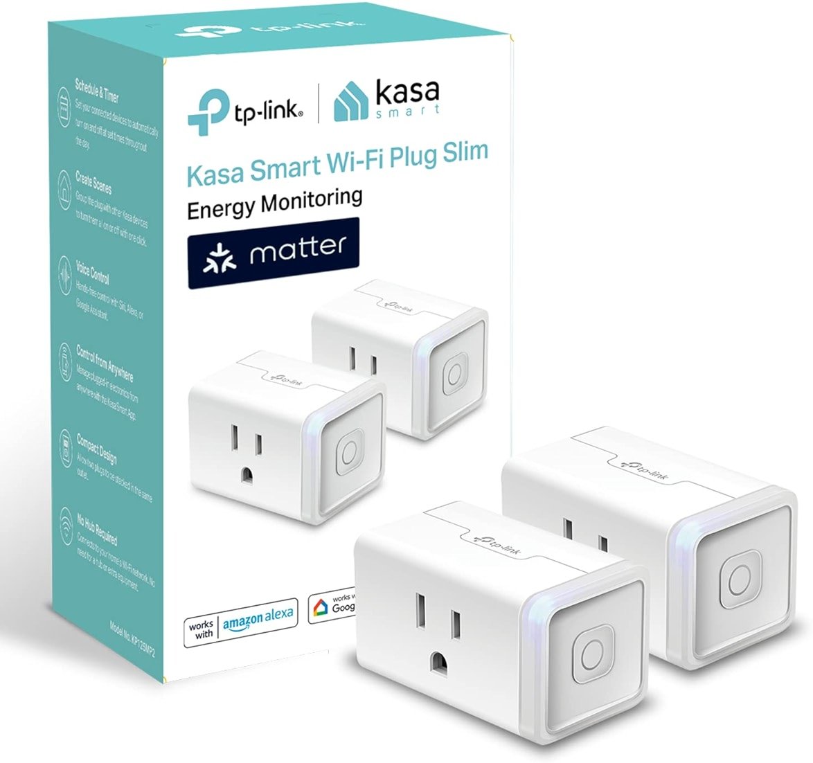 Kasa Smart Plug, Matter Compatible, Energy Monitoring, Compact Design, 15A/1800W Max, Super Easy Setup, Works with Apple Home, Alexa & Google Home, UL Certified, 2.4G Wi-Fi Only, White, KP125M(2-Pack) - Product Image