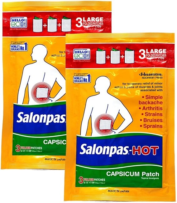 Salonpas Pain Relieving HOT Capsicum Patch, 3 Count per Pack Pack, for Back, Neck, Shoulder, Knee Pain and Muscle Soreness, 8 Hour Pain Relief Pack of 2 - Product Image