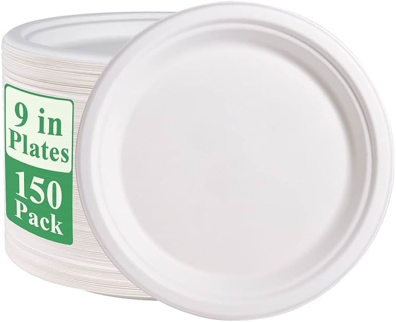 Vplus 150 Pack Paper Plates 9 inch 100% Compostable, Heavy-Duty Disposable Paper Plates Bagasse Natural Biodegradable Eco-Friendly Sugarcane（White） - Product Image