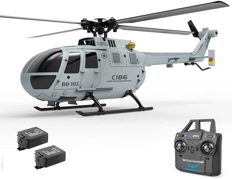 C186 Remote Control Helicopter for Adults 14y+ Beginner Expert Single Rotor Aileronless BO-105 Like-Real RC Aircraft Model Air Pressure Hover Aerobatic Flight 6-Axis Gyroscope (Grey 2 Batteries) - Product Image