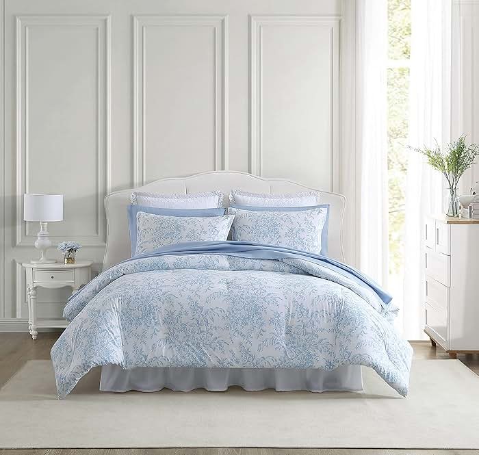 Laura Ashley – Queen Comforter Set, Soft Bedding with Matching Shams, Reversible Floral Room Decor, College Dorm Room Essentials (Bedford Blue) - Product Image