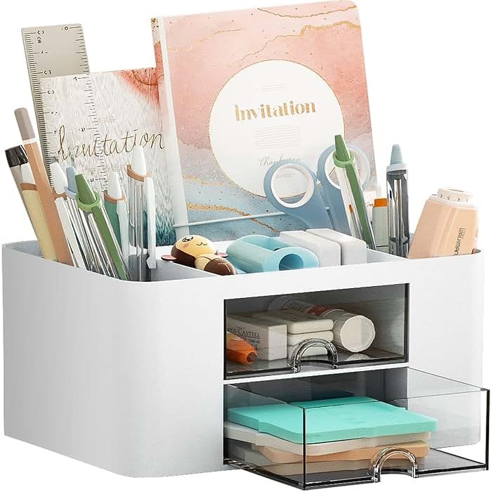 Marbrasse Pen Organizer with 2 Drawer, Multi-Functional Pencil Holder for Desk, Desk Organizers and Accessories with 5 Compartments + Drawer for Office Art Supplies (White) - Product Image