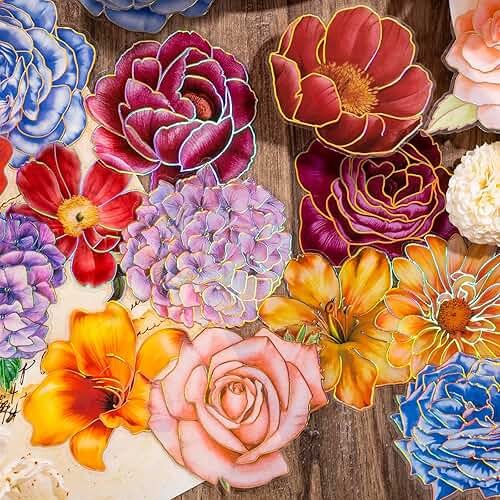 Knaid 80 Pieces Large Size Flower Stickers with Gold Holographic Outlines, Glitter Shiny Floral Waterproof Decorative Decals for Scrapbooking Supplies Junk Journal Bullet Journals Planners - Product Image