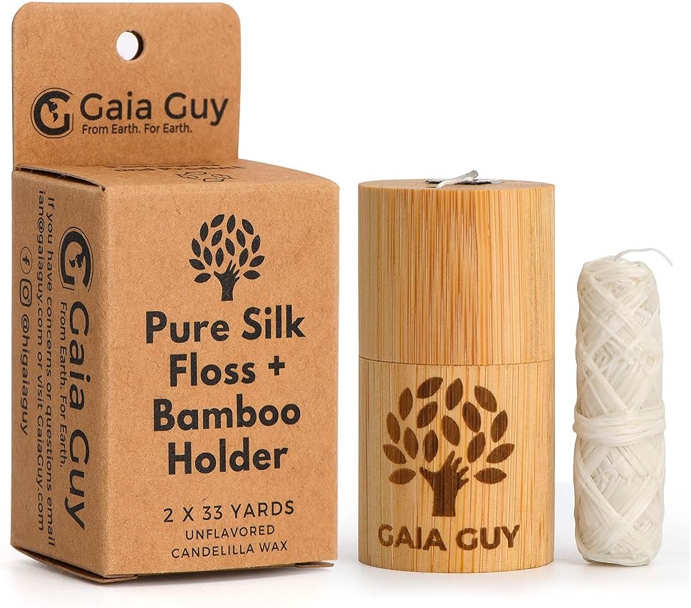 Gaia Guy Natural Unflavored Silk Dental Floss with Floss Refill & Reusable Bamboo Holder | 2 x 33yds Compostable Pure Silk Waxed with Candelilla Wax | Plastic-Free Packaging - Product Image