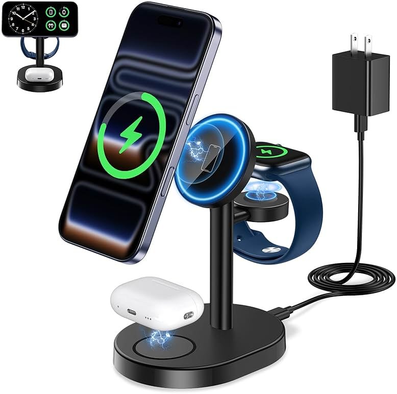 Hevanto 2026 3 in 1 Wireless Charging Station for Apple MagSafe Charger, 15W Fast Magnetic Mag-Safe Charger Stand for iPhone 17 16 15 14 13 12 17e Apple Watch AirPods Series, Gifts for Men - Product Image