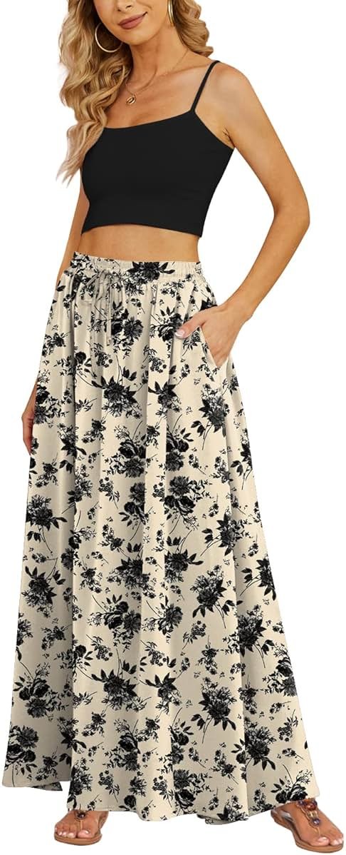 Yincro Women's Flowy Maxi Skirt Summer Pleated High Waisted Casual Long Skirts with Pockets - Product Image