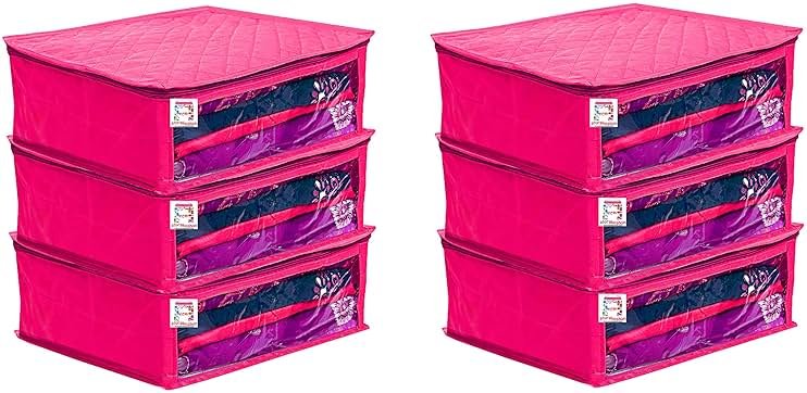 atorakushon Fabric Satin Foldable Saree Covers Cloth Garments Storage Bag Wardrobe Organizers with Strong Zippers & Transparent Window Pack of 6 Pink - Product Image
