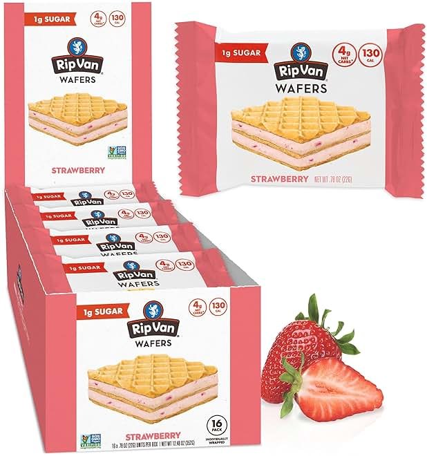 Rip Van Strawberry Keto Wafer Cookies - Healthy Vegan Snacks - Non GMO, Low Sugar (1g), Low Calorie - 16 Count - Product Image