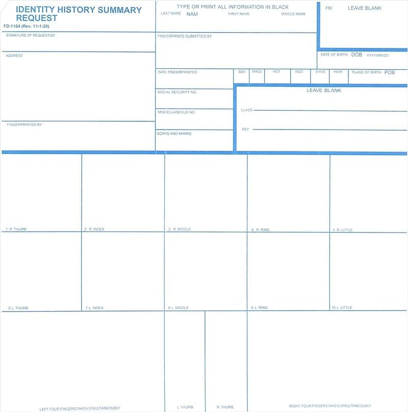 Crime Scene FD-1164 Card, for FBI Identity History Summary Checks, Pack of 50 - Product Image