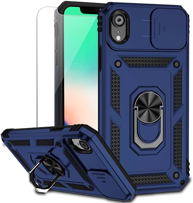 for iPhone XR Case with Camera Lens Cover HD Screen Protector, Dual Layer [15 FT Military Grade Drop Protection] Magnetic Ring Holder Kickstand Protective Phone Case for iPhone XR 6.1 inch (Navy Blue) - Product Image