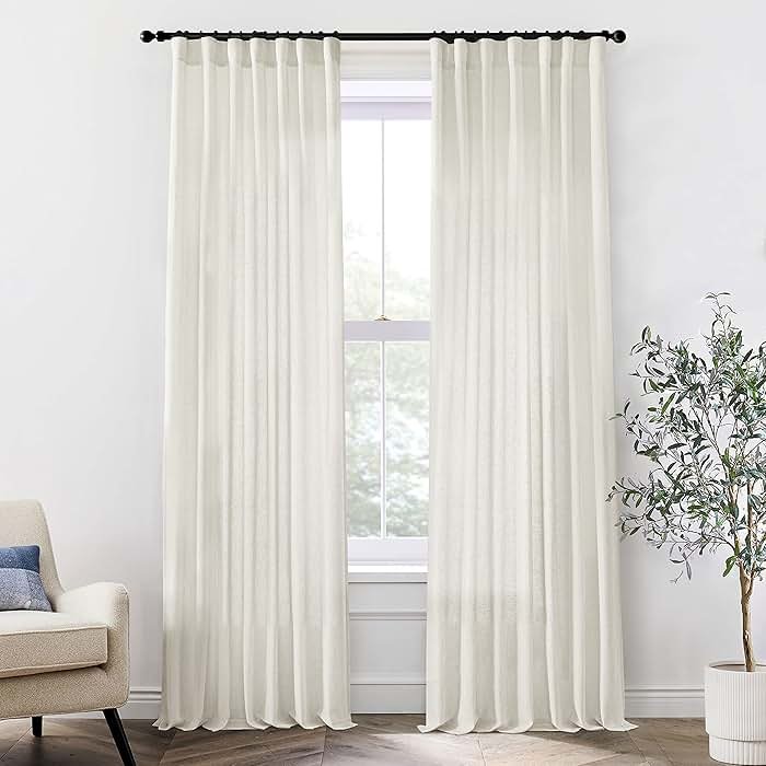 Linen Cotton Curtains for Living Room, Cream Off White Natural Fabric Light Filtering Semi Sheer Curtains 84 Inches Long, Ivory Pleated Farmhouse Curtain Drapes 84 Inch Length 2 Panels Set Dining Room - Product Image