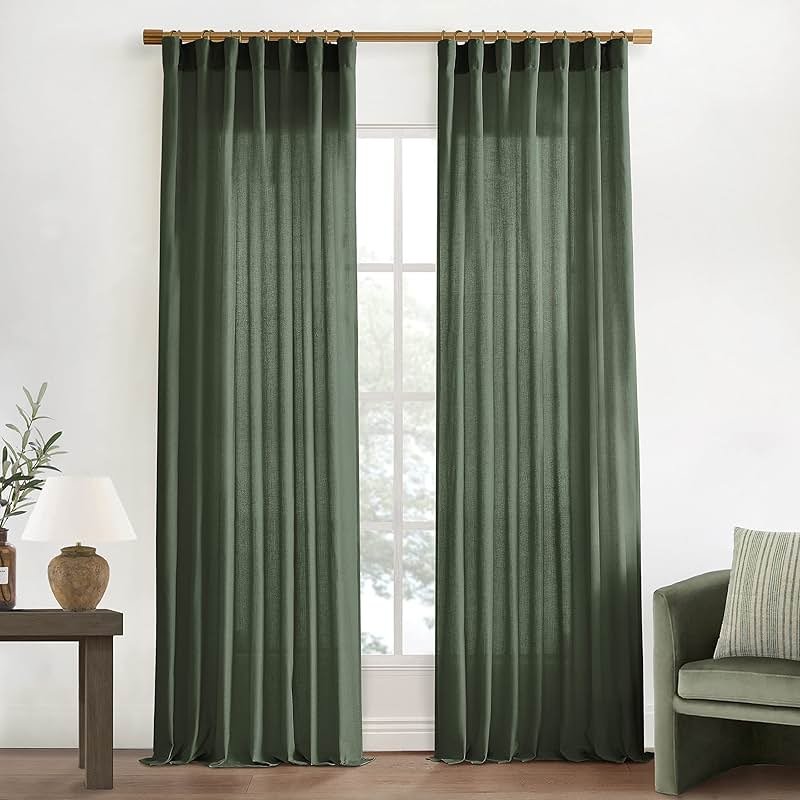 XTMYI Olive Green Linen Curtains, Light Filtering Sheer Window Treatments, Boho Floor to Ceiling Curtains for Bedroom Aesthetic Living Room, 84 Inches Long, 2 Panels Set - Product Image