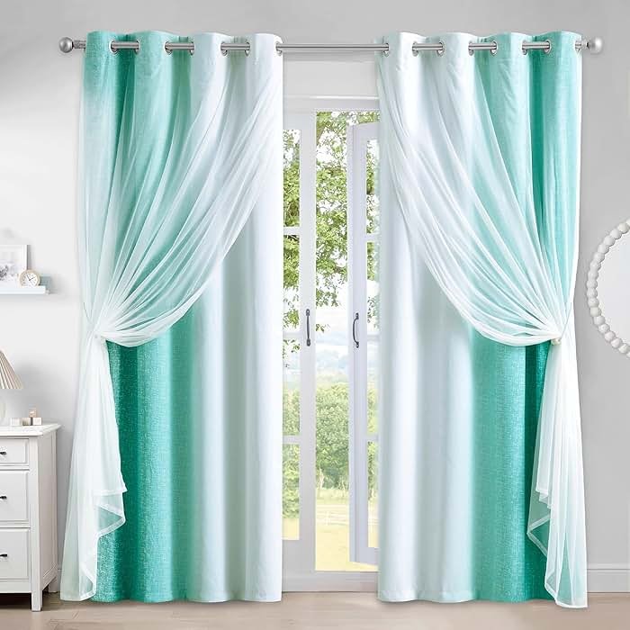 Geomoroccan Ombre 100% Blackout Curtains 84 Inches Long 2 Panels for Bedroom Living Room Teal and White Double Layer Sheer Overlay Mix & Match Grommet Thermal Soundproof Drapes with Tiebacks, 52x84 - Product Image