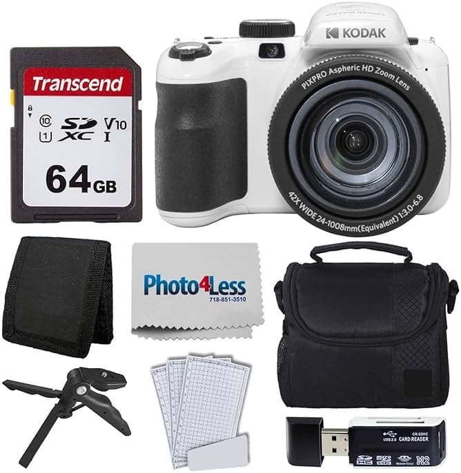 Kodak PIXPRO AZ425 Digital Camera + 64GB Memory Card + Camera Case (Black) + USB Card Reader + Table Tripod + Accessories (White) - Product Image