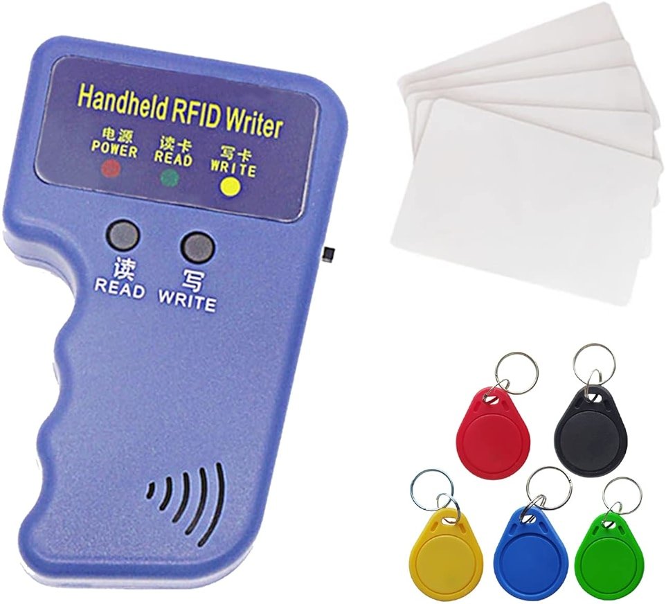Riversmerge Handheld 125khz Copier RFID Smart ID Card Duplicator Used for T5577 or EM4305+5pcs T5577 NO.3 Keychains +5 T5577 Cards - Product Image