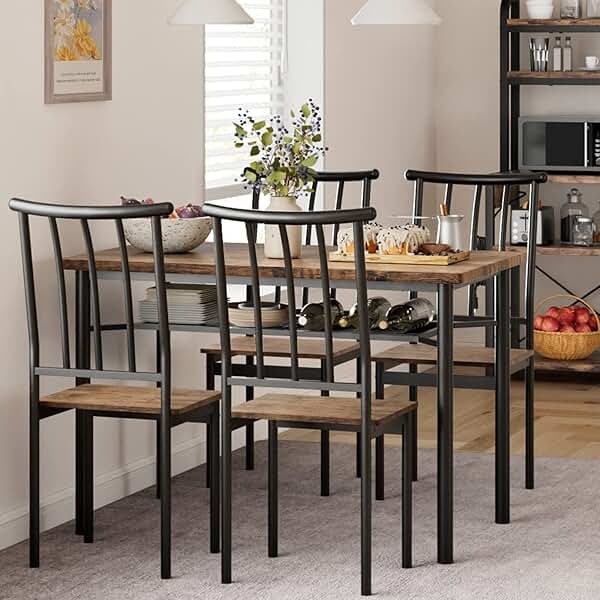 Alkmaar Dining Table Set for 4, 5 Piece Kitchen Table and Chairs Set, Dining Table Set with Wine Rack, Industrial Rectangular Dining Table for Small Space, Apartment, Retro Brown - Product Image