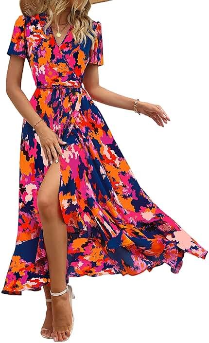 PRETTYGARDEN Women's Boho Floral Maxi Dress Summer Short Sleeve Wrap V Neck Long Flowy Beach Vacation Wedding Guest Dresses - Product Image