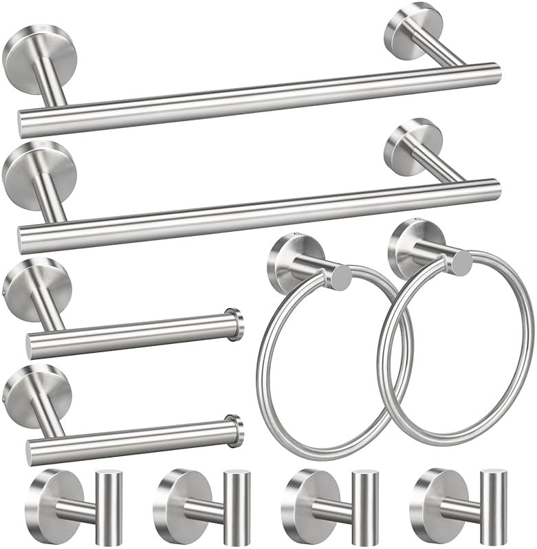 10pcs Bathroom Hardware Set, Brushed Nickel Bathroom Hardware Set, Including 16" Hand Towel Bars, Toilet Paper Holders, Towel Rings, Robe Towel Hooks - Product Image