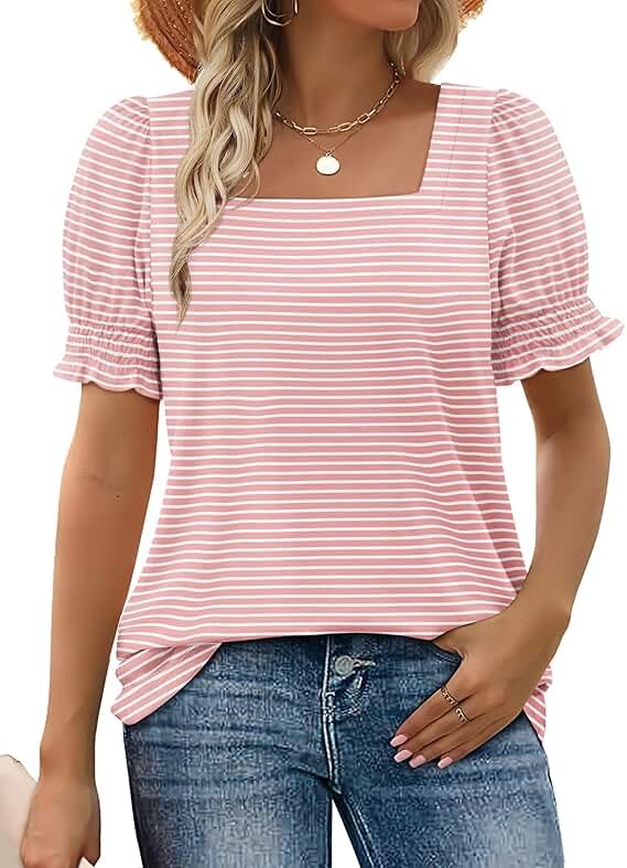 WIHOLL Tops for Women Summer Casual Ruffle Trim Sleeve Square Neck T Shirts - Product Image