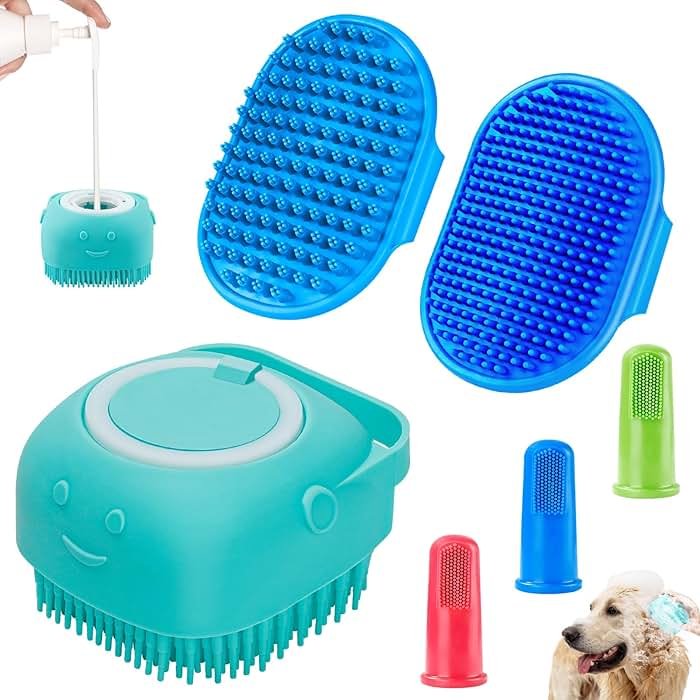 Comotech 6PCS Dog Bath Brush & Dog Toothbrush | Adjustable Handle Shampoo Brush & Scrubber for Short & Long Haired Dogs & Cats | Effectively Solve Odor & Stain Removal Problems (Blue Blue Blue.) - Product Image