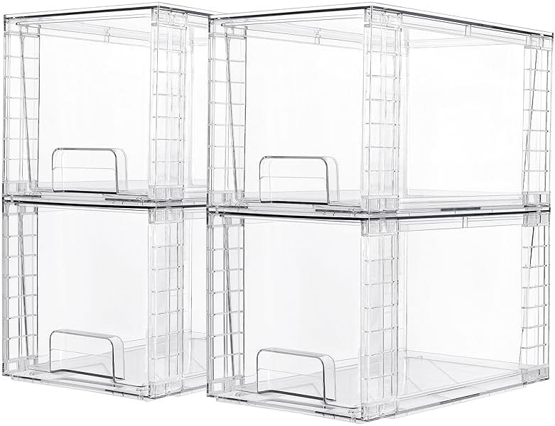 Vtopmart 4 Pack Large Stackable Storage Drawers,Easily Assemble Acrylic Bathroom Closet Undersink Organizers and Storage,Plastic Bins for Kitchen Cabinets,Pantry,Makeup,Medicine Organization - Product Image