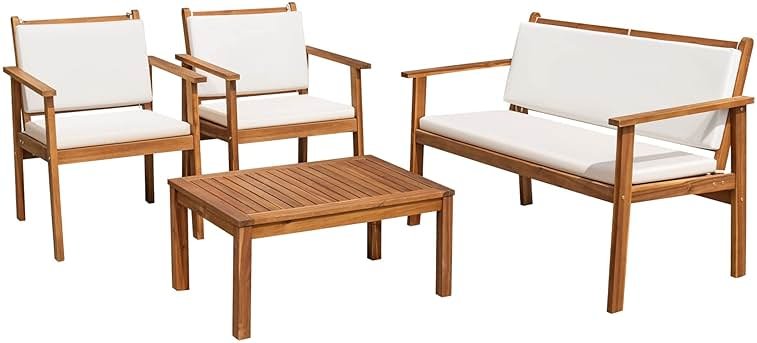 Flamaker Patio Furniture 4 Piece Outdoor Acacia Wood Patio Conversation Sofa Set with Table & Cushions Porch Furniture for Deck, Balcony, Backyard - Product Image