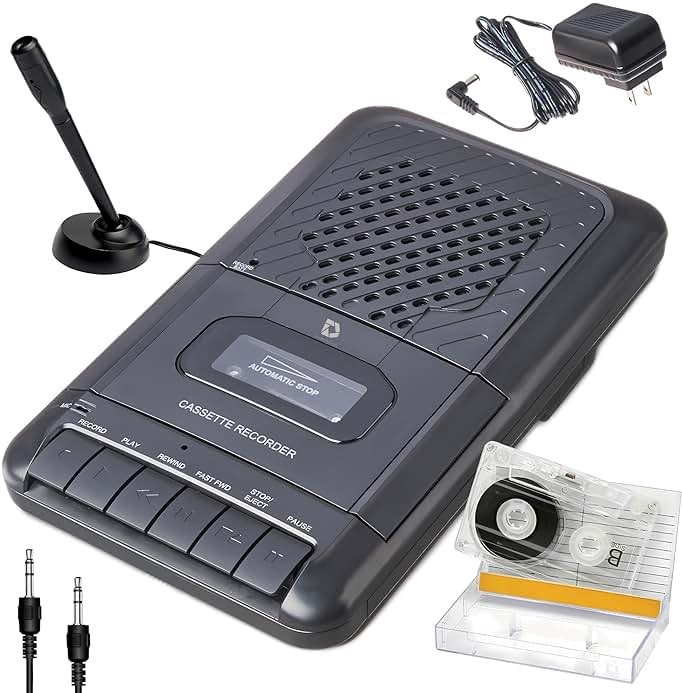 Deluxe Products Portable Cassette Player Tape Recorder. Record to Cassettes via Mic or Aux in. Built-in Speaker to Listen to Cassettes. Includes External Mic, Aux in Cable and AC Adapter - Product Image