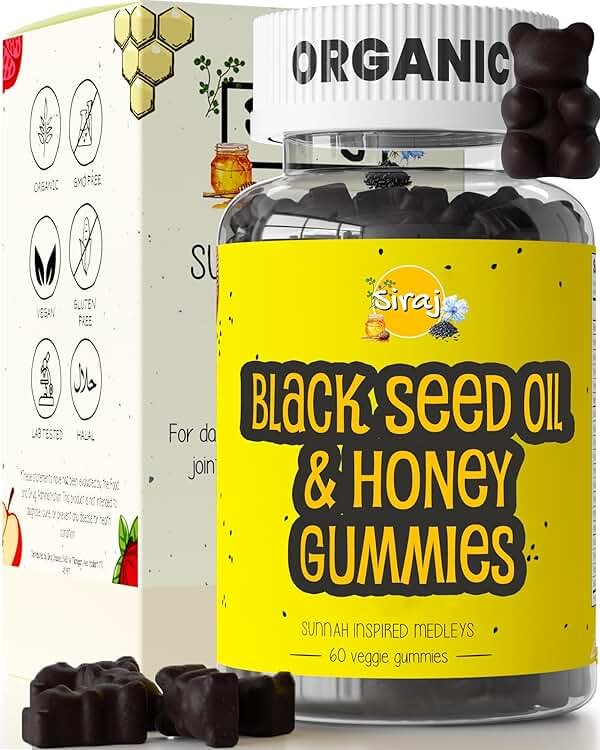 Siraj Organic Black Seed Oil Gummies w/Honey &15% Thymoquinone | Multivitamin for Immune Support, Stress Relief Gummy Vitamins | Turmeric, Apple Cider Vinegar, Multivitamin Gummies - Product Image