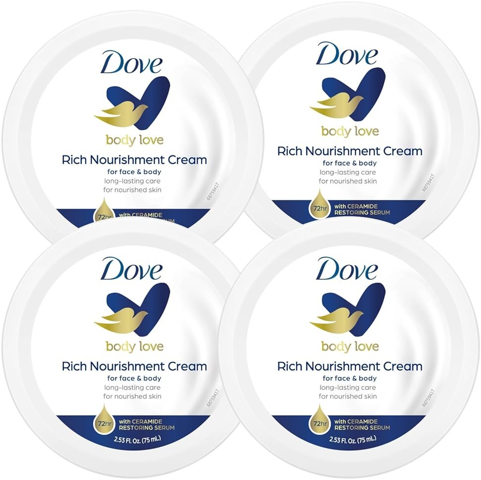 Dove Nourishing Body Care, Face, Hand, and Body Rich Nourishment Cream for Extra Dry Skin with 48-Hour Moisturization, 4-Pack, 2.53 Oz Each Jar - Product Image