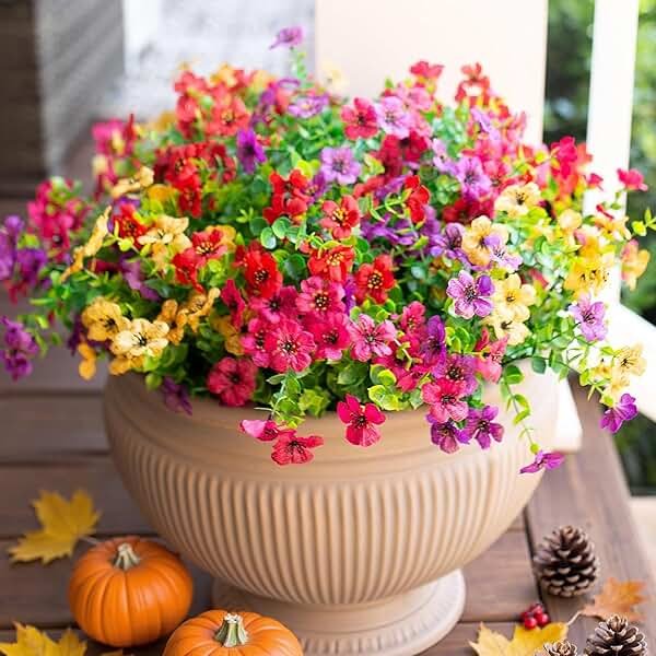HyeFlora Artificial Flowers for Outdoor Indoor Garden Home Decoration, Faux Flower Daisy with Eucalyptus Leaves Fake Plants Greenery Boxwood Porch Patio, 12 Bundles (Mix Pink Red Purple Yellow) - Product Image