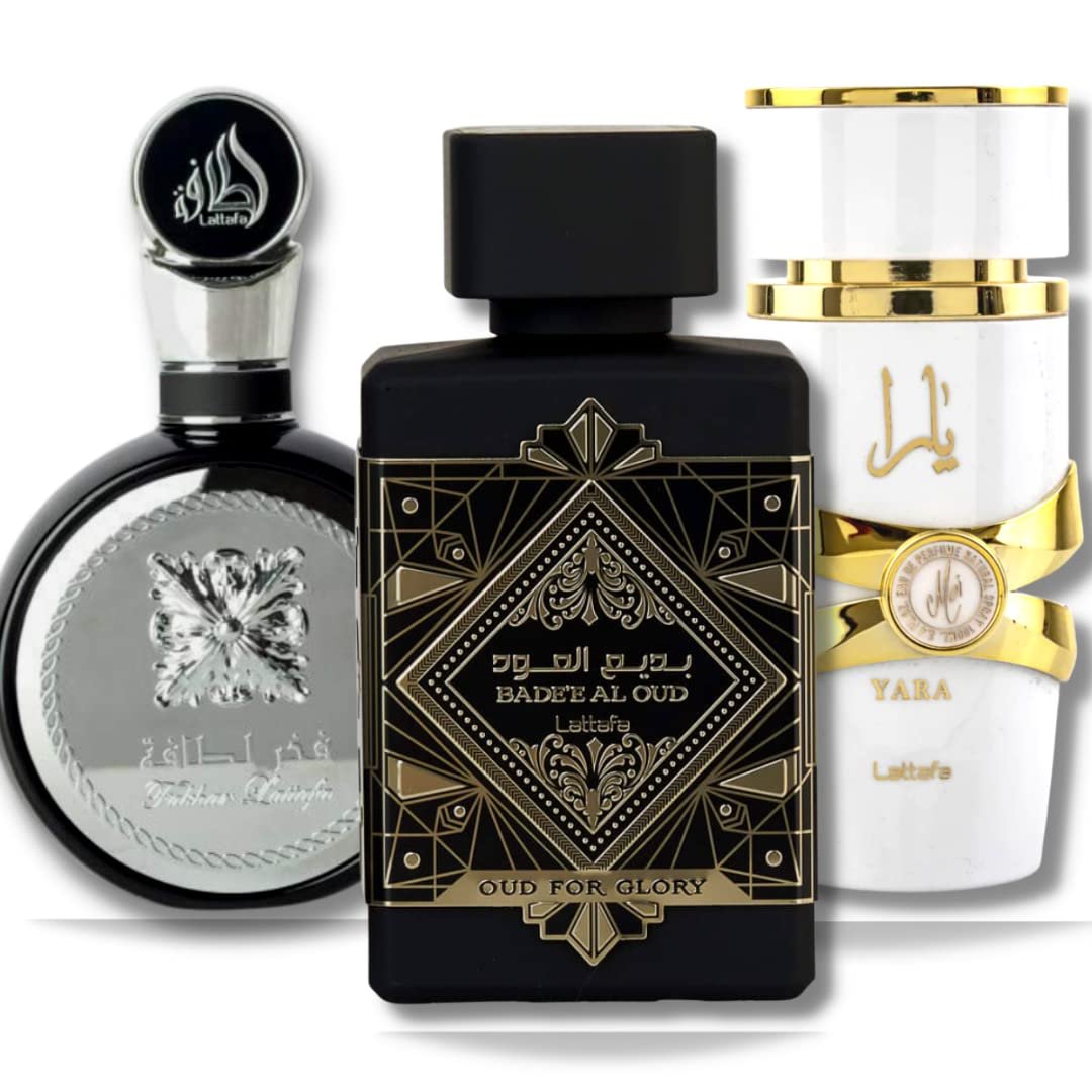 Lattafa Perfumes for Unisex 3 Piece Eau de Parfum Gift Set (Bade'e Al Oud Oud For Glory + Fakhar for Men + Yara Moi) 3.4 Ounce/100 ml each - Product Image
