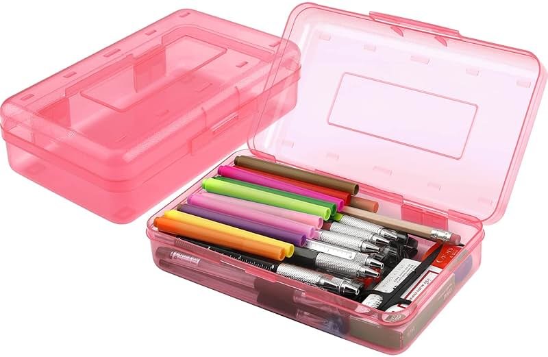 Pencil Box, Large Capacity Clear Pencil Case, 1 Pack Hard Pencil Case, Clear Crayon Box with Snap-tight Lid Stackable Design, Plastic Storage Box for Office Supplies, Pink - Product Image