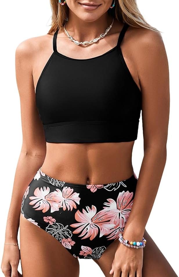 Herseas Women's Bikini Sets High Neck Tropical Leaf Print High Waisted Two Pieces Swimsuits Bathing Suits - Product Image