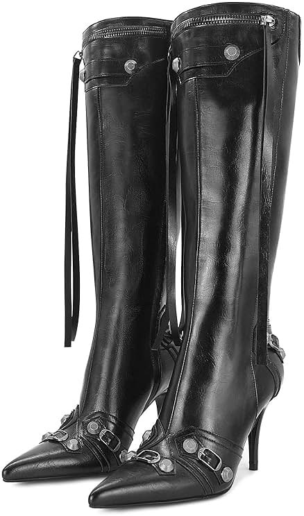 Dsevht Women's Stiletto Black Knee High Boots Sexy Pointed Toe Boot Fashion Trendy High Heel Boots Zipper - Product Image