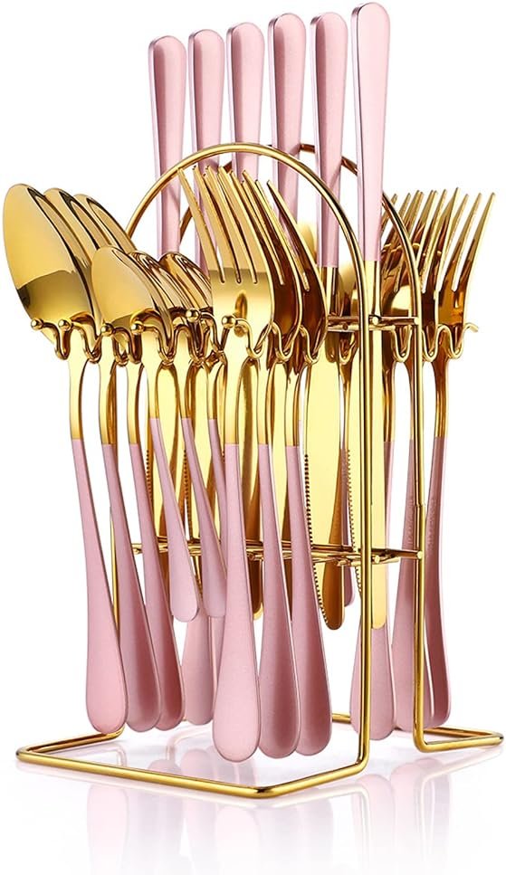 24 Pieces Flatware Set, Caliamary Stainless Steel Flatware Set with Silverware Holder Spoons Forks Knives,Utensils Set Service for 6,Gold Mirror Polished and Matte Pink Painted (Pink)… - Product Image