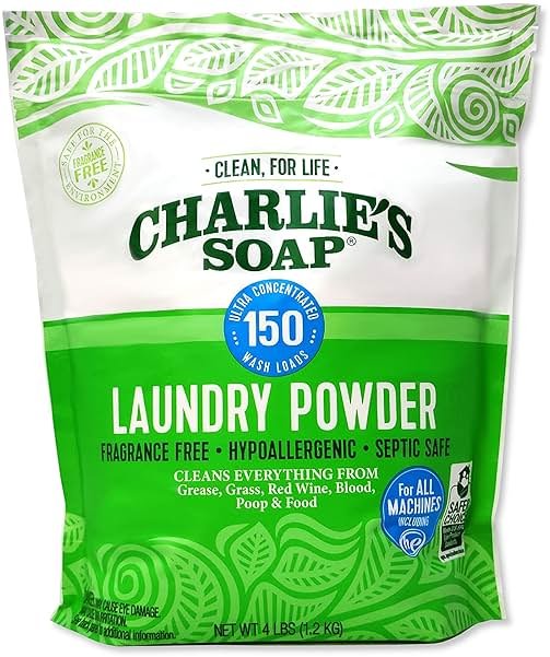 Charlie’s Soap Laundry Powder Detergent (150 Loads, 1 Pack) Fragrance Free Hypoallergenic Deep Cleaning Laundry Detergent Powder – Residue Free, HE Compatible, Septic Safe - Product Image