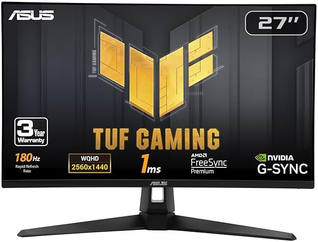 ASUS TUF Gaming 27” 1440P HDR Monitor (VG27AQ3A) – QHD (2560 x 1440), 180Hz, 1ms, Fast IPS, 130% sRGB, Extreme Low Motion Blur Sync, Speakers, Freesync Premium, G-SYNC Compatible, HDMI, DisplayPort - Product Image