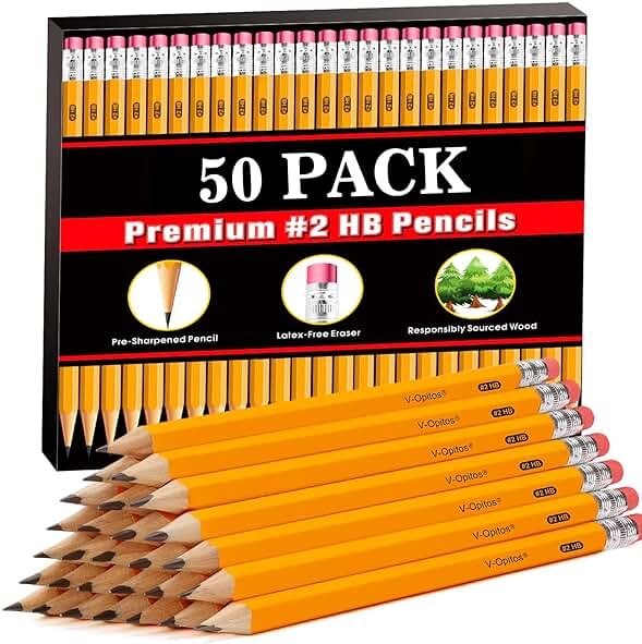 V-Opitos Wood-Cased #2 HB Pencils, 50 Pack Bulk Yellow Pencils with Erasers, Pre-Sharpened, School Classroom Teacher Supplies for Writing, Drawing and Sketching - Product Image