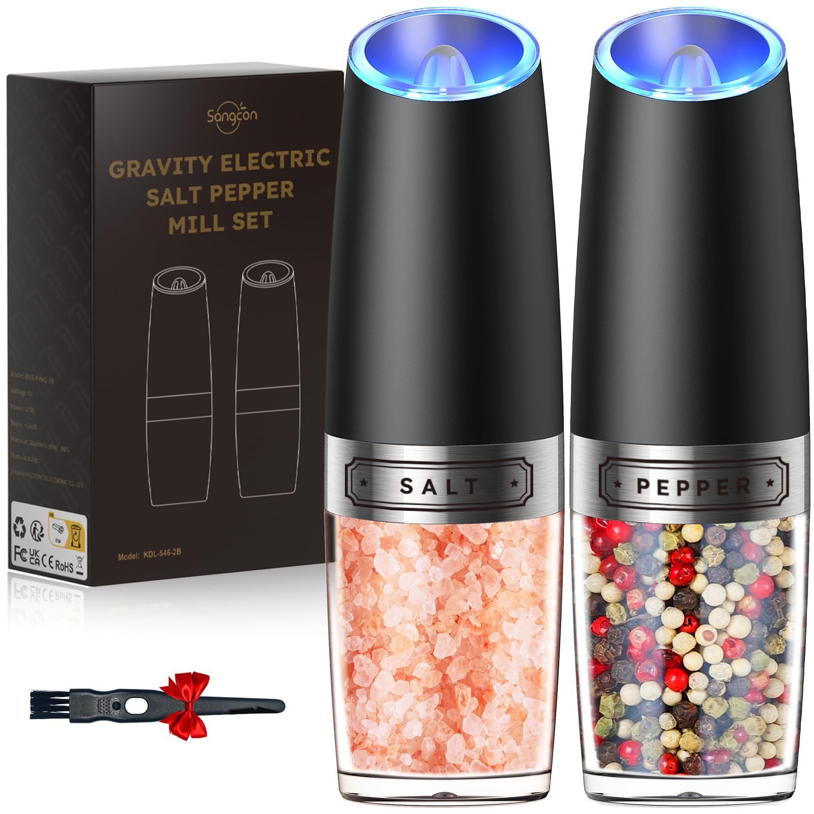 Sangcon Gravity Electric Salt and Pepper Grinder Set Automatic Shakers Mill Grinder with LED Light, BATTERY POWERED Adjustable Coarseness One Hand Operation, Upgraded Larger Capacity - Product Image
