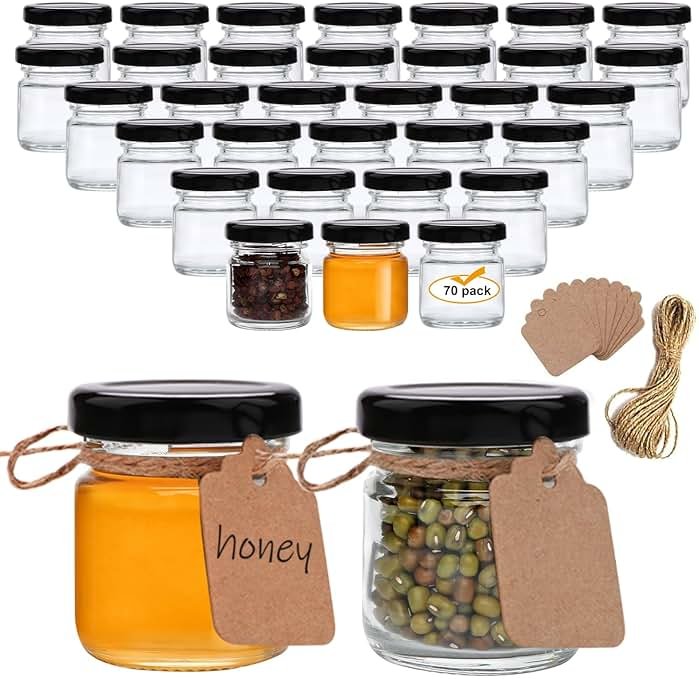 QAPPDA 1.5oz Mini Glass Jars with Black Lids,Round Small Honey Jars 70 Pack Mini Storage Jar for Candle Making,Clear Glass Bottle 45ml Glass Spice Containers for Jelly,Jam,Craft,Wedding,Party Favor - Product Image