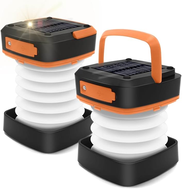 2-Pack Folding Solar Camping Lantern Flashlights, DIBMS Mini Collapsible USB Rechargeable Waterproof Hanging Light for Camping Hurricanes Emergency Power Outages Indoor Outdoor - Product Image