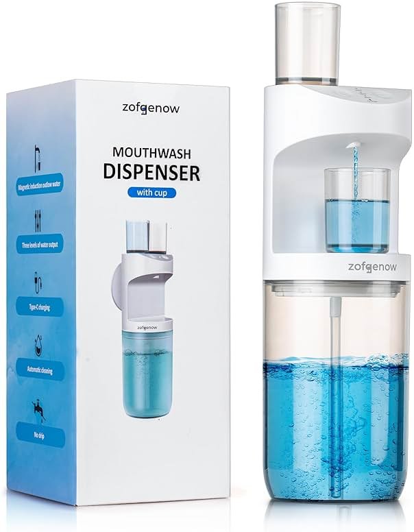 ZOFGENOW Automatic Mouthwash Dispenser for Bathroom,Bathroom Accessories 19.4 Fl Oz Dispensers with Magnetic Cups,Wall Mounted Dispenser,Suitable for All Age Groups,White - Product Image