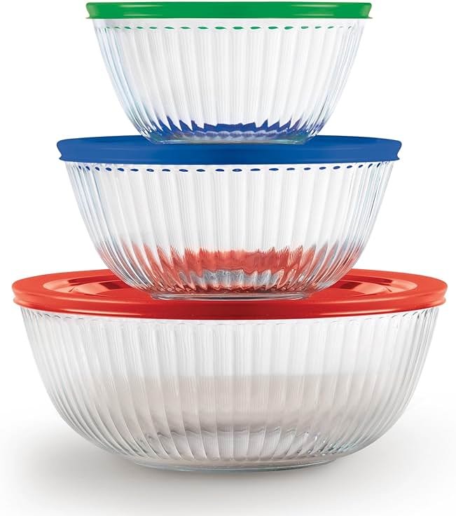 Pyrex Sculpted (3-Pack) Glass Mixing Bowls Set With Plastic Lids For Prepping, Baking and Cooking, Preheated Oven, Dishwasher, Freezer, and Microwave Safe - Product Image